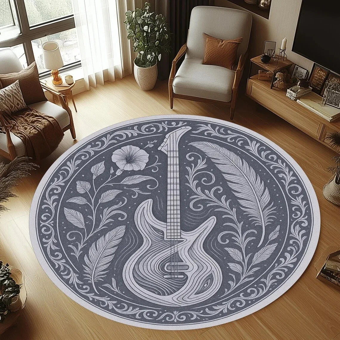 Guitar Rug, Round Music Carpet Machine Washable Non-Slip Doormat, Themed Floor Mat for Kid Bedroom Living Room Entrance