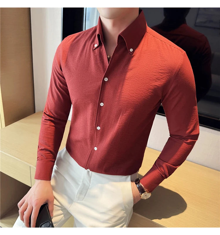 Long Sleeves Shirts for Men Light Thin Fashion Fold Process Wine Red Solid Casual Shirt Men Social Dress Shirt Slim Fit Tuxedo