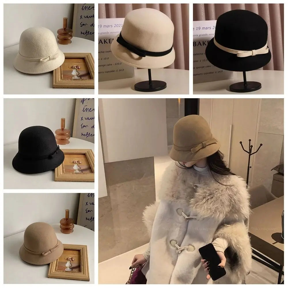 Retro Hepburnesque Felt Formal Hat Wealthy Heiress Style British Style Bowknot Bucket Hat Panama Cap Autumn