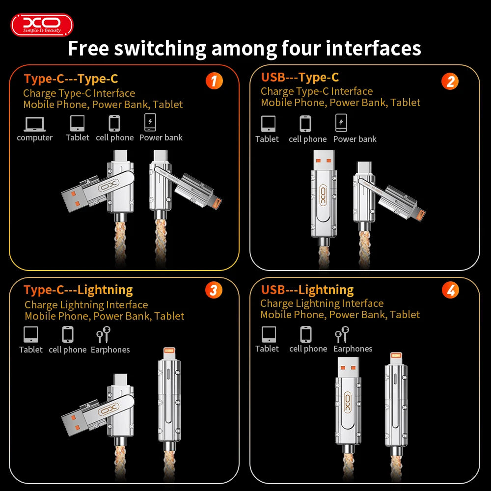 60W 4 in 1 Multi-function Mobile Phone Data Cable PD Fast Charging Cable Charger for Huawei Xiaomi iPhone