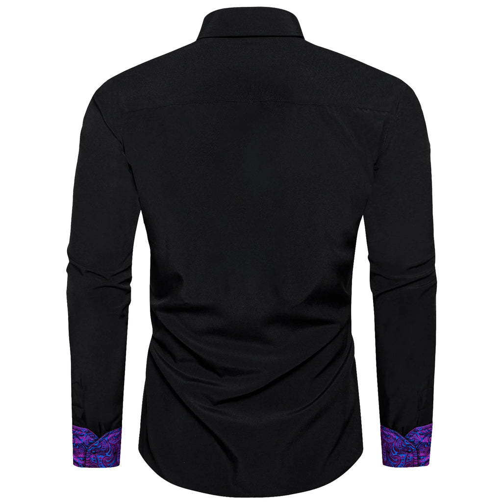 Men Shirts Long Sleeve Black Solid with Purple Contrast Color Collar and Cuff Fashion Casual Shirts Blouse for Wedding Praty