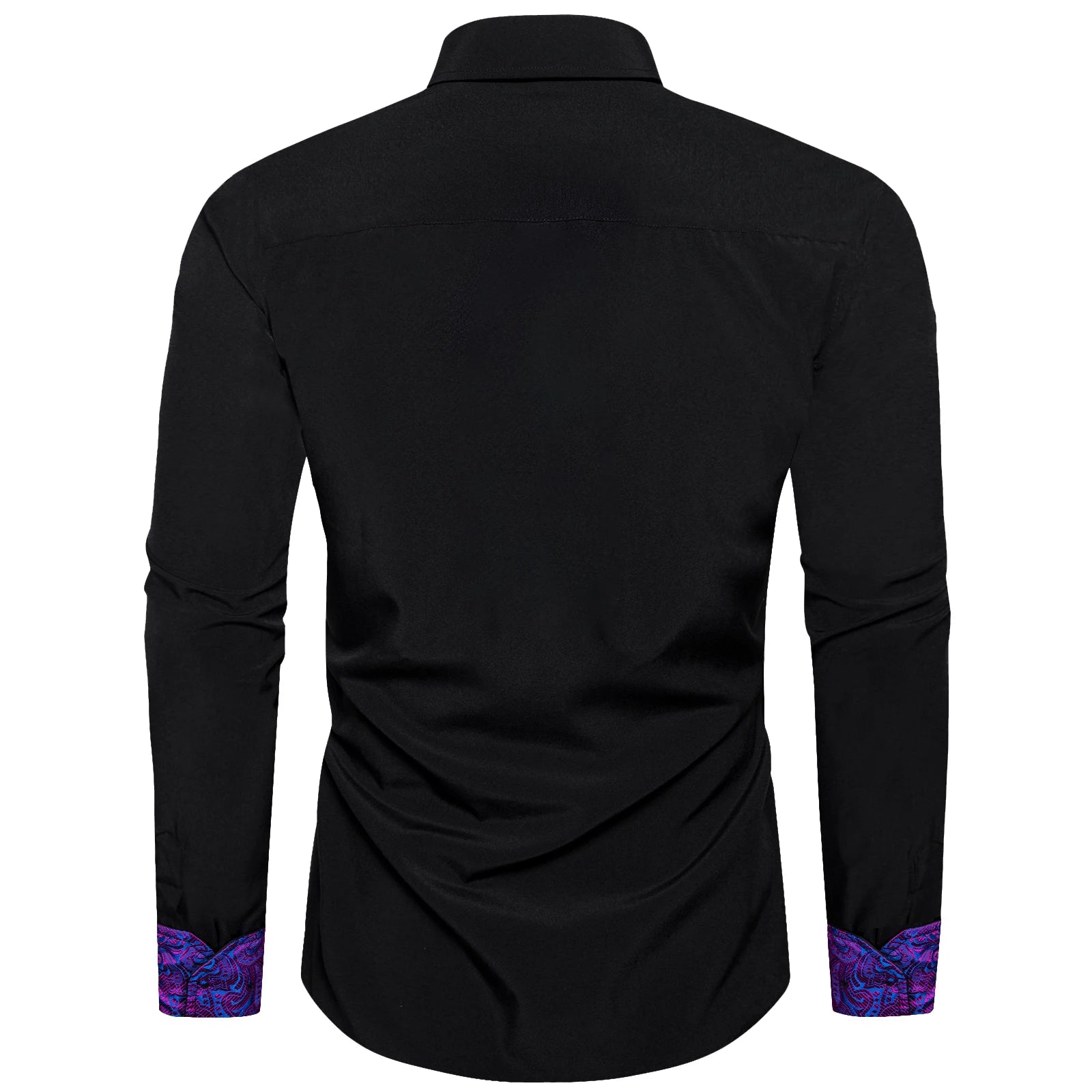 Men Shirts Long Sleeve Black Solid with Purple Contrast Color Collar and Cuff Fashion Casual Shirts Blouse for Wedding Praty
