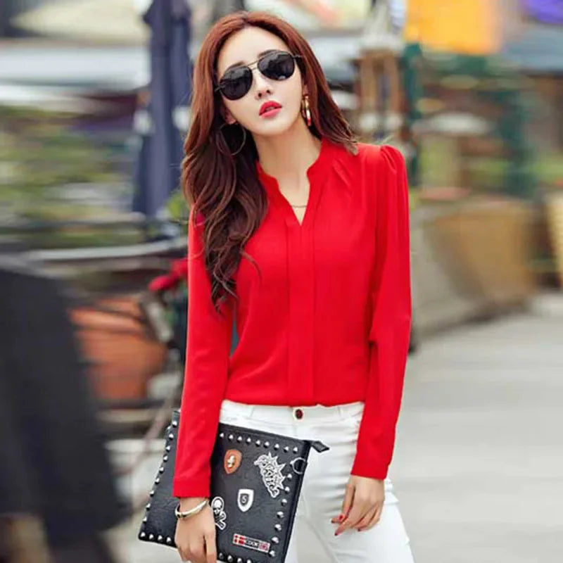Long Sleeve Shirt Women Autumn Clothing Fashion Slim Blouse V Neck Korean Elegant Ladies Office Shirts White Red