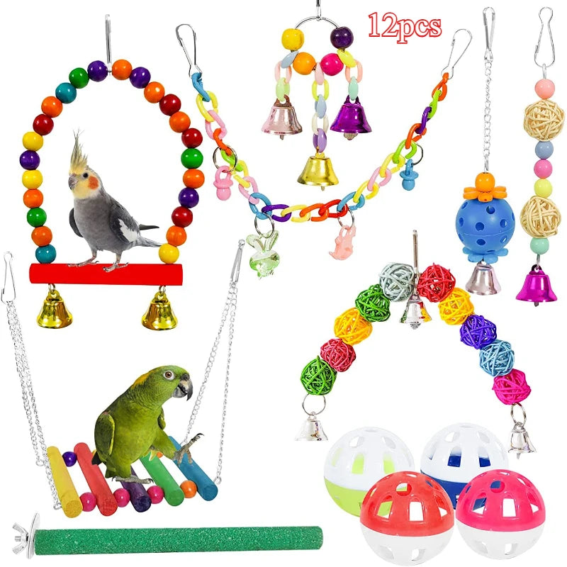 Bird Toy Wood Parrot Toys Set Cage Bird Accessories Swing Suspension Bridge Ball Cage Bells Pet Supplies juguetes para pájaros