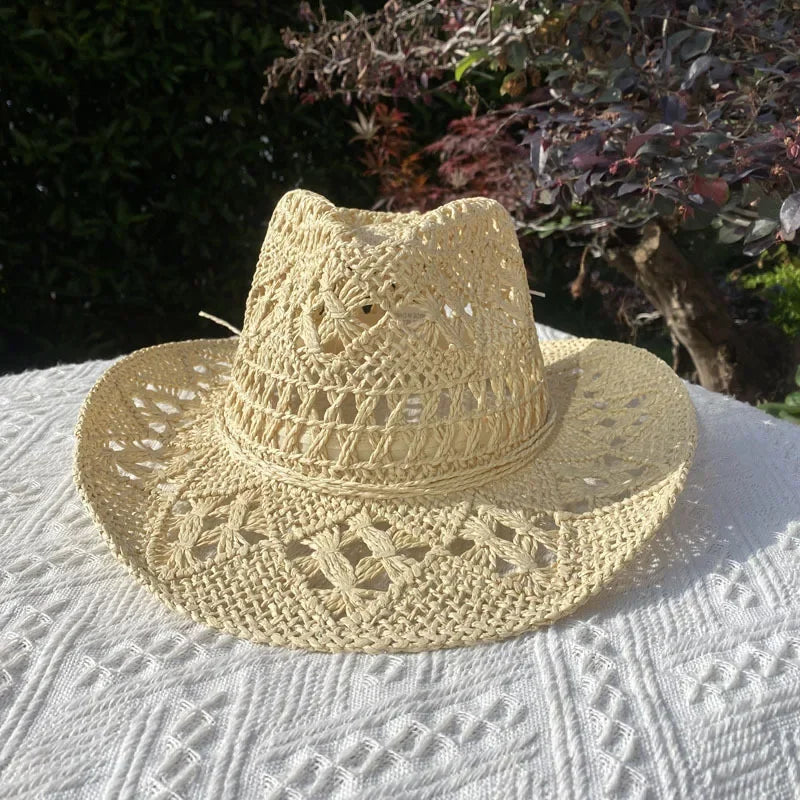 Vintage Straw Hat Women Hollowing Out Harajuku Wind Wide Brim Sun Hat Men Sun Protection Outdoor Fishing Climbing Retro Cap