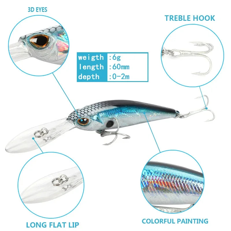 Fishing Lure Long Lip Minnow Wobbler Lure 6cm 6g Deep Diving Floating Jerkbait Swimbait Artificial Hard Bait Trout Bass Bait