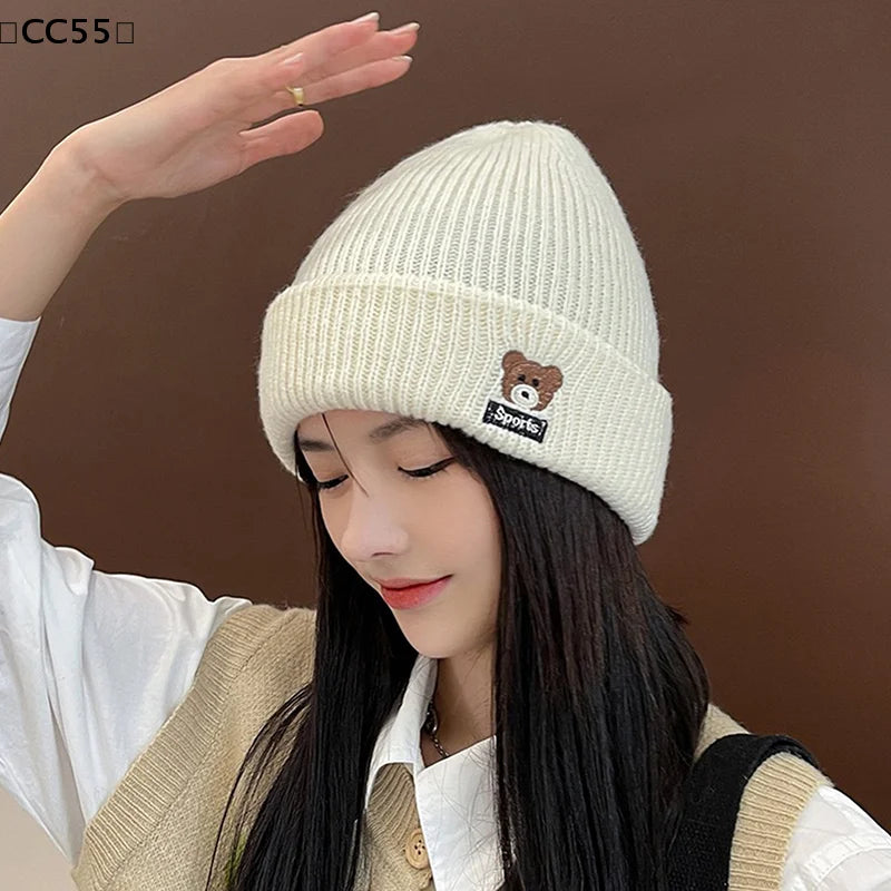 Bear Embroidery Knitted Beanies  Women Autumn Winter Warm Wool Hat Korean Girl Windproof Earmuffs Pullover Cap Bonnet〔CC55〕