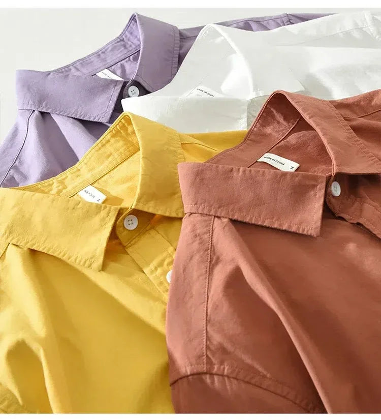 Japanese Fresh Mens Long Sleeve Shirts Spring Summer Daily Casual Man Shirts Lapel Pocket Yellow Shirt Pure Cotton Top Simple
