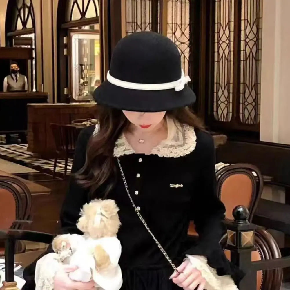 Retro Hepburnesque Felt Formal Hat Wealthy Heiress Style British Style Bowknot Bucket Hat Panama Cap Autumn