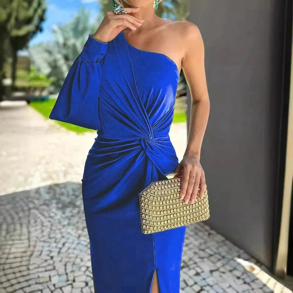 Elegant Sexy Off Shoulder Dress For Women Fashion Diagonal Collar Sleeveless Package Hip Dresses Robe Femme Formal Evening Party