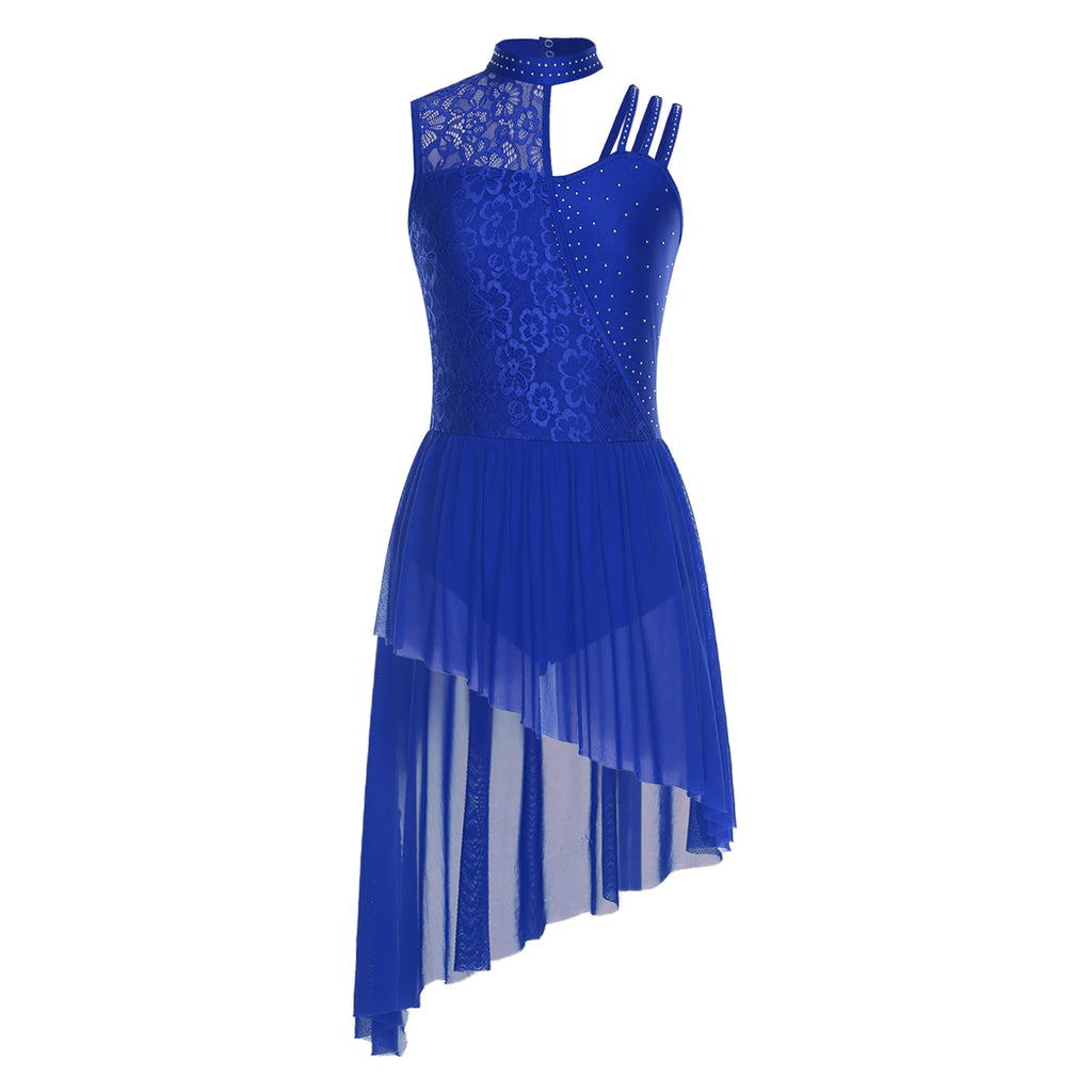 Women Modern Lyrical Dance Performance Costume Floral Lace Rhinestones Leotard Dress for Waltz Latin Cha-cha Ballet Skating