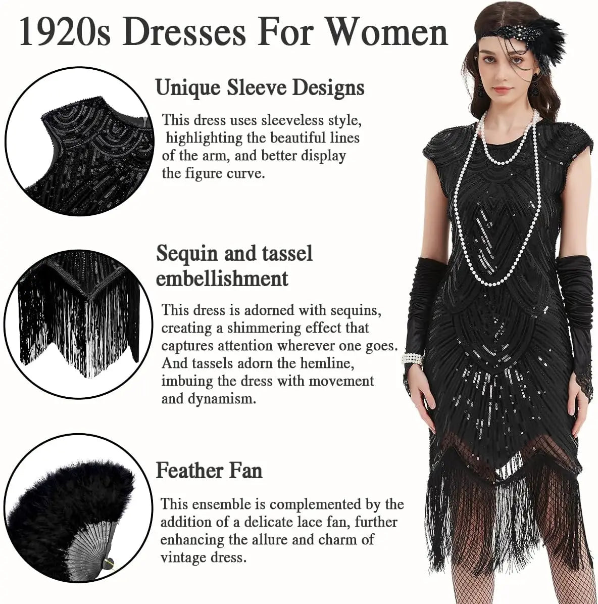1920s Dresses for Women Flapper Dress Lace Fan Feather Headband Sequins Beads Fringes 20s Accessories Vintage Mafia Costume