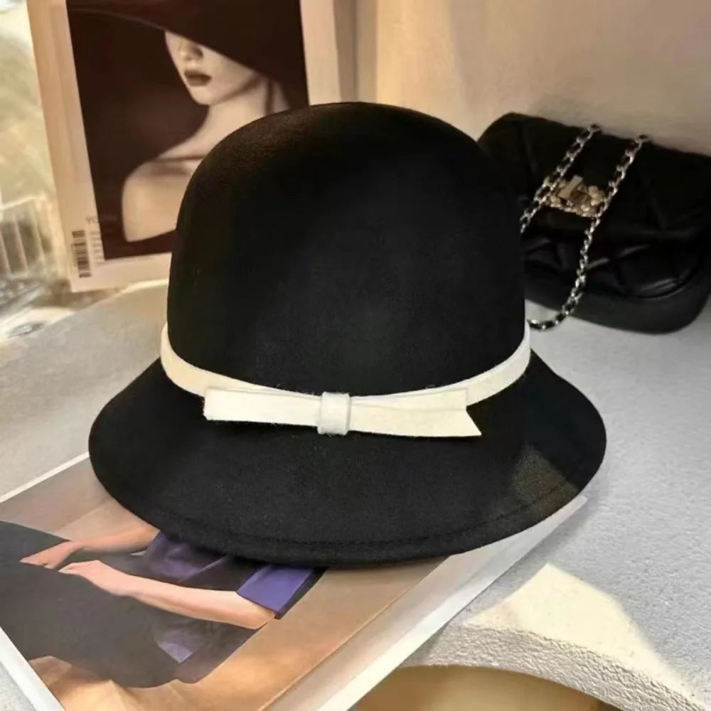 Vintage Hepburnesque Felt Formal Hat Panama Cap Wealthy Heiress Style Bowknot Bucket Hat British Style Ladies