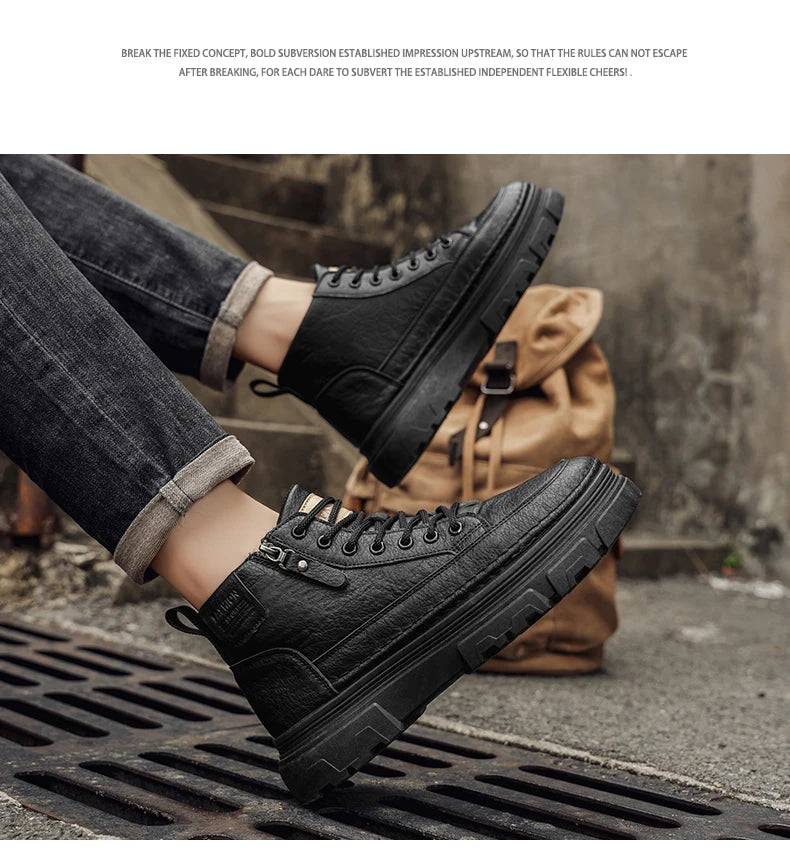 Men Boots Autumn Leather Waterproof Mid-top Sports Shoes New Fashion Ankle Boots Casual Outdoor Hiking Boots Shoes Male Sneakers