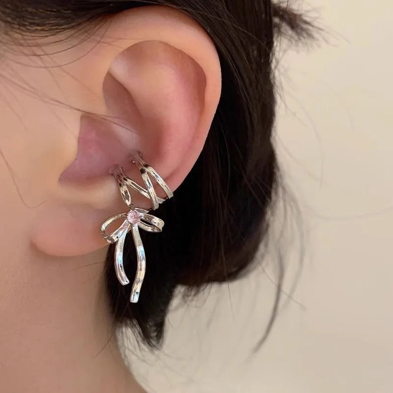 New Elegant Aesthetics Bow Knot Clip Earrings Women Non-Piercing Ear Clips Ballet Ribbon Style Ear Cuff Fashion Earrings Jewelry