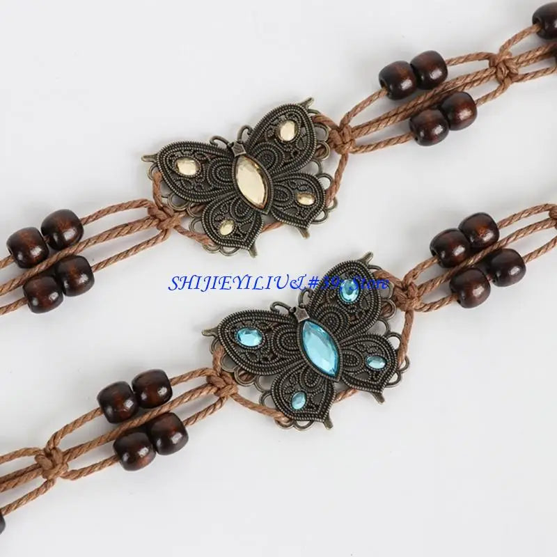 E21F Brown Belt with Beads Butterflies Vintage Tassel Cotton Rope Waist Chain Woven Waist Belts for Dress Party Dance Show