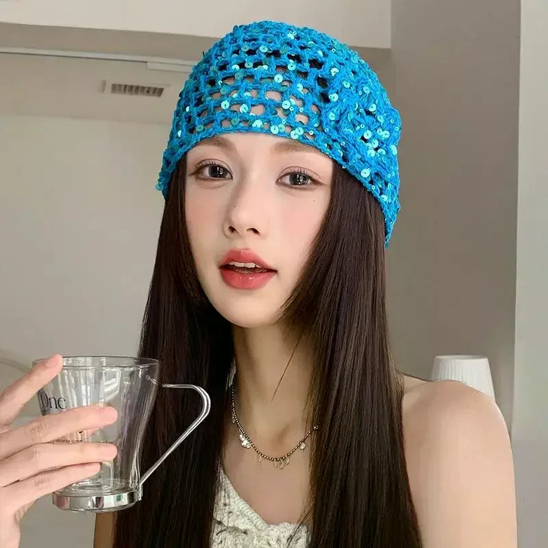 Vintage Chic Sequined Floral Cutout Beanie Ladies Spring Fall Leisure Travel Picturesque All-Around Casual Y2K Knit Beanies