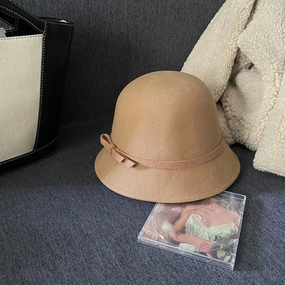 Retro Hepburnesque Felt Formal Hat Wealthy Heiress Style British Style Bowknot Bucket Hat Panama Cap Autumn