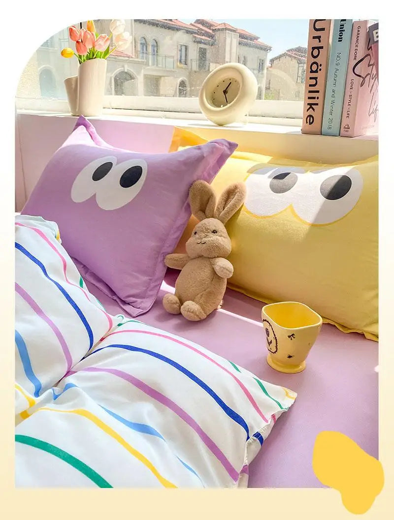 New Cartoon Striped Printed Bedding Sets Aloe Cotton Skin Friendly Breathable Comforter Cover Set Twin Double Size Bed Linens