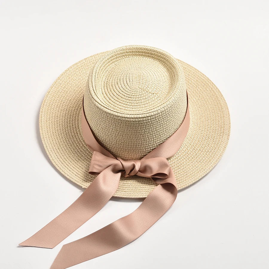 Hats for Women Flat Top Ribbon Bowknot Elegant Straw Sun Hats Summer Sun Protection Beach Hat Gorras Hombre