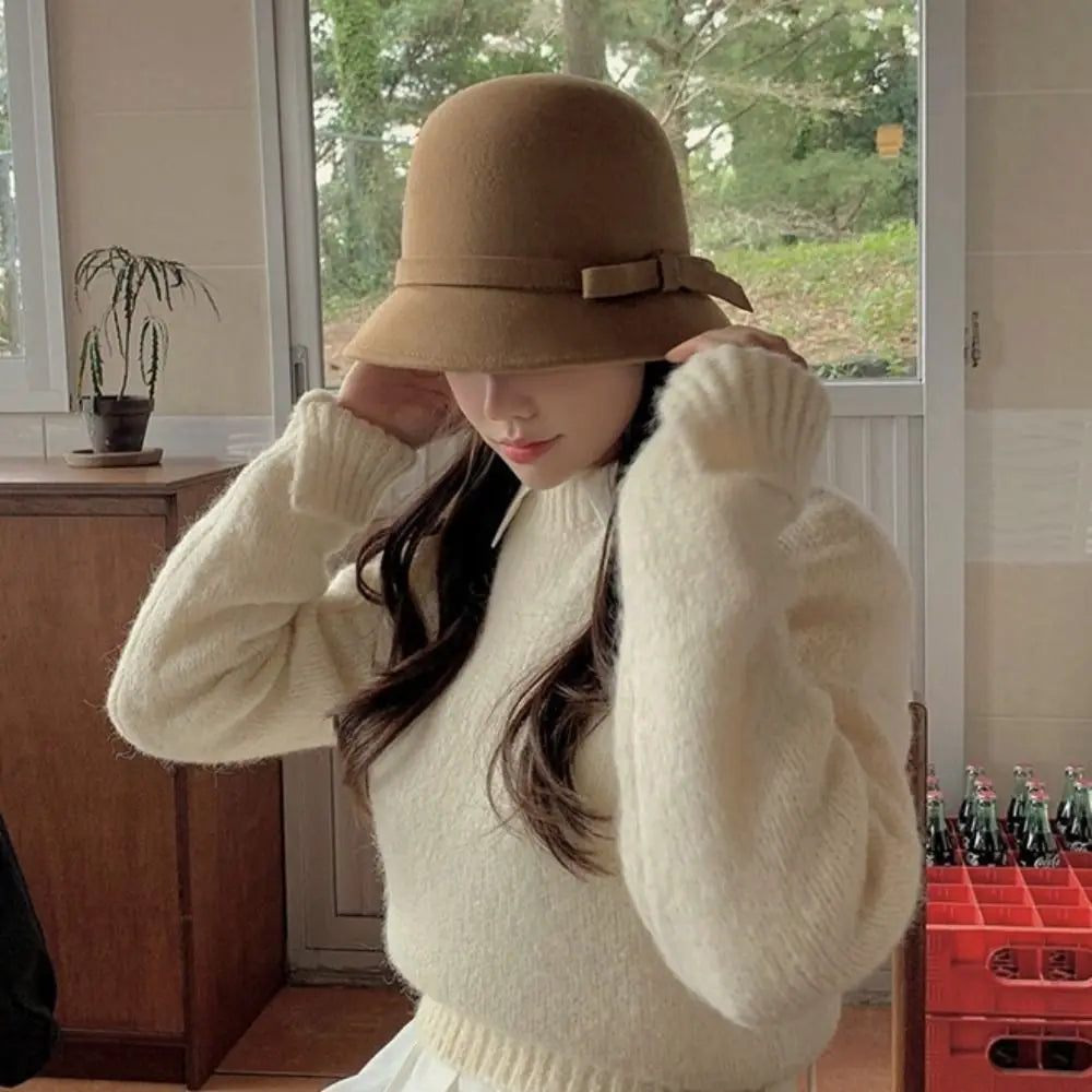 Casual Hepburnesque Felt Formal Hat Panama Cap British Style Bowknot Bucket Hat Wealthy Heiress Style Outdoor