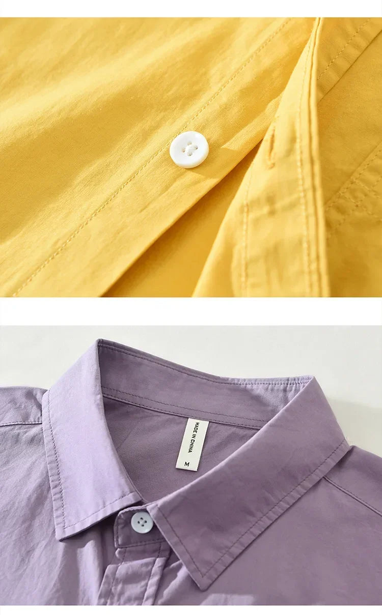 Japanese Fresh Mens Long Sleeve Shirts Spring Summer Daily Casual Man Shirts Lapel Pocket Yellow Shirt Pure Cotton Top Simple