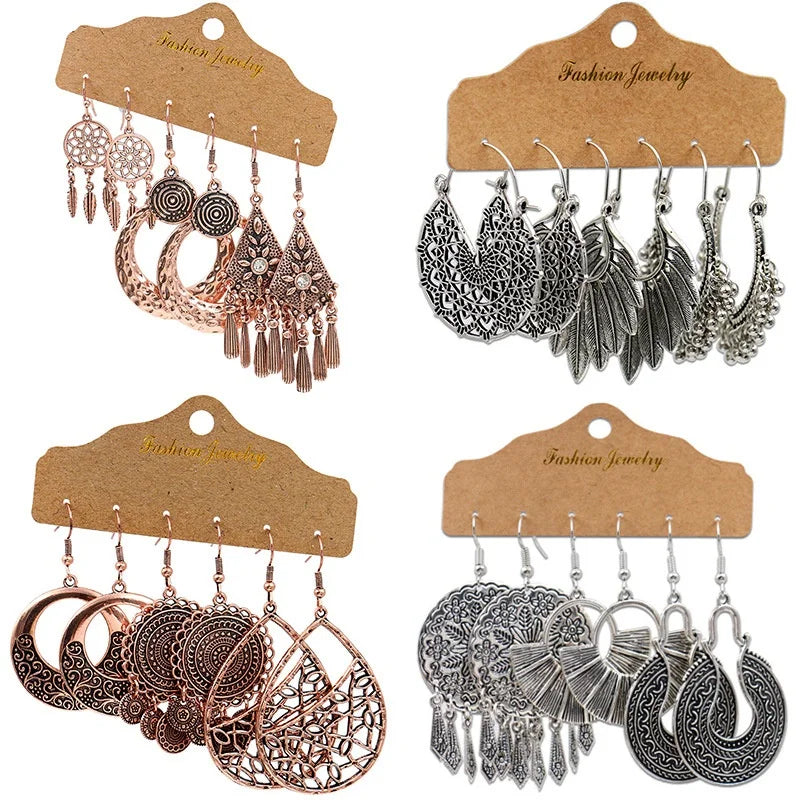 3Pairs Women's Fashion Jewelry Vintage Bohemian Ethnic Carved Dangle Earrings for Women Wedding Engagement Party Banquet Earring