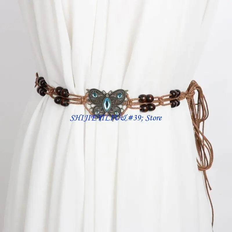 E21F Brown Belt with Beads Butterflies Vintage Tassel Cotton Rope Waist Chain Woven Waist Belts for Dress Party Dance Show