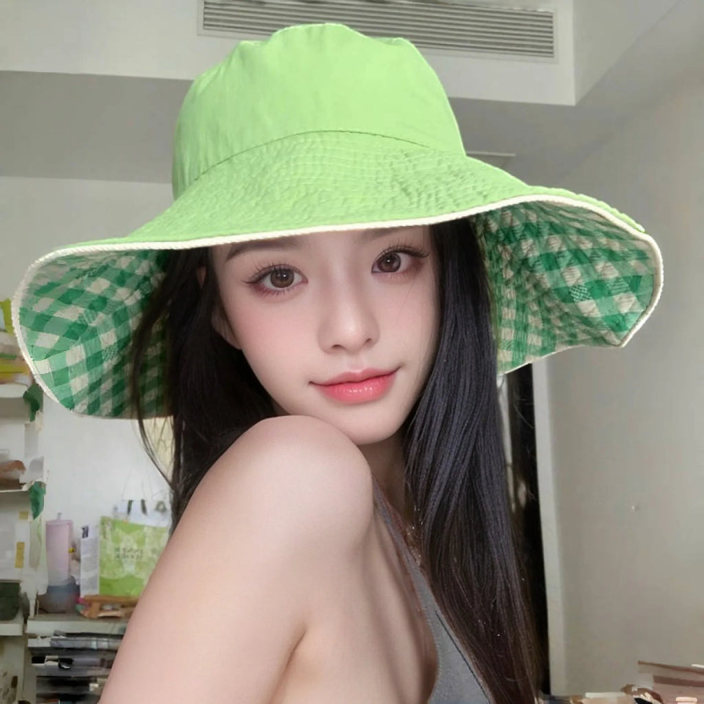 Women's Cute Hat Korean kawaii Checkered Fisherman's Hat Summer Sun Protection Shading Hat Big Head Double Basin Hat Funny Hat