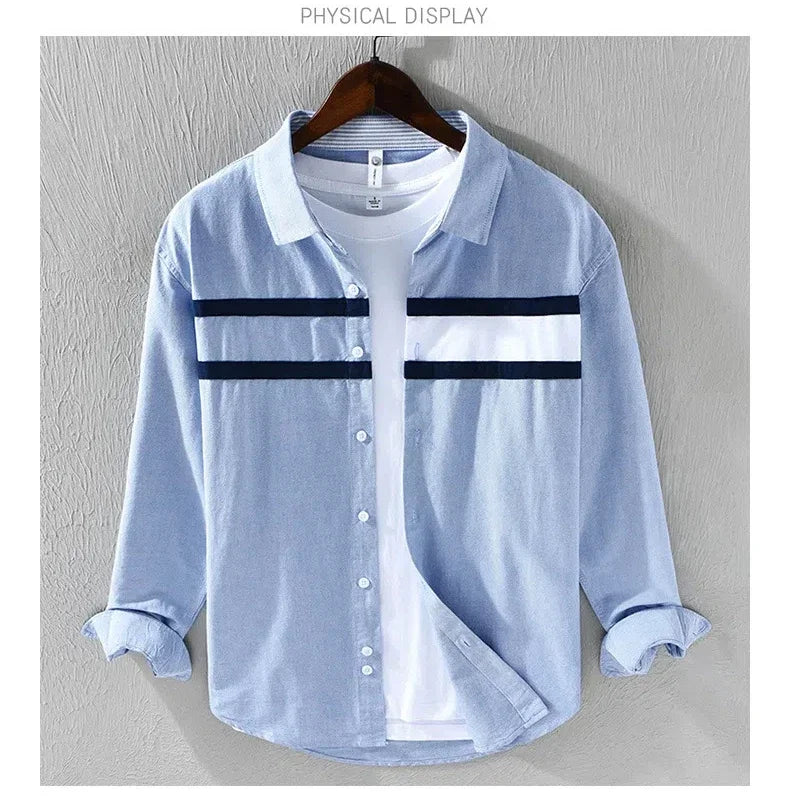 Japanese Fashion Mens Long Sleeve Shirts Spring Summer Daily Casual Pure Cotton Shirt Oxford Striped Patchwork Shirt Youth Tops