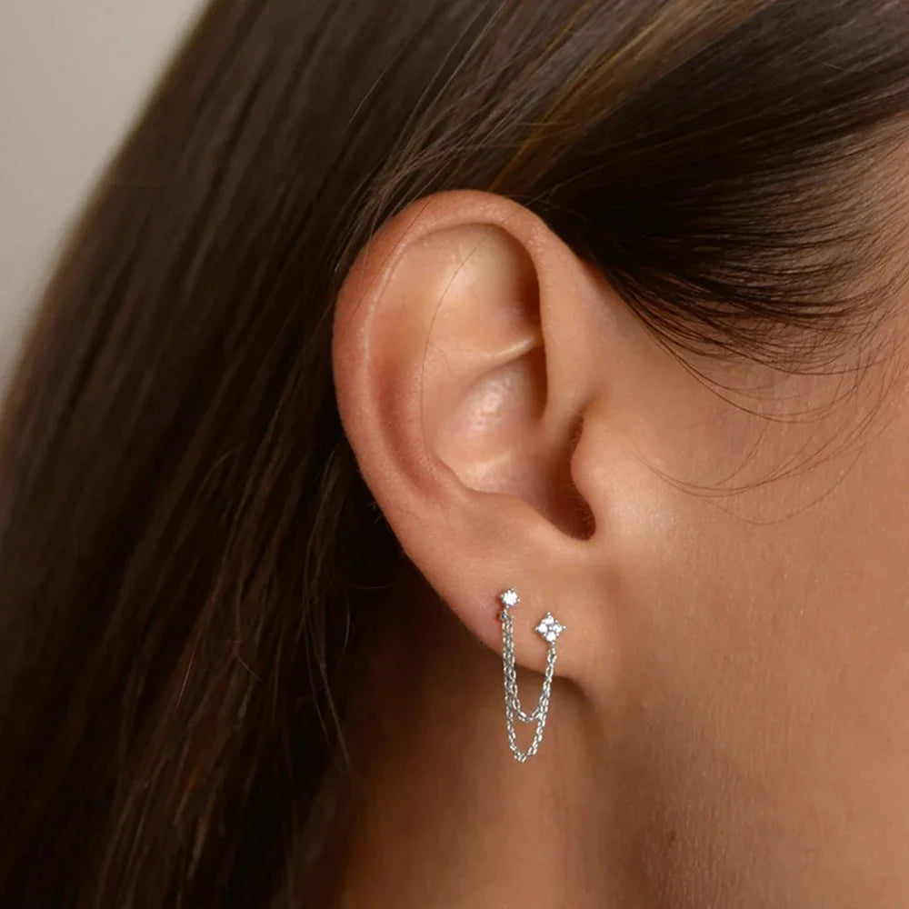 New Arrival Double Ear Studs Tassel Chains Hanging Earrings for Women Ear Piercing 3 Metal Color Luxury CZ Hot Jewelry