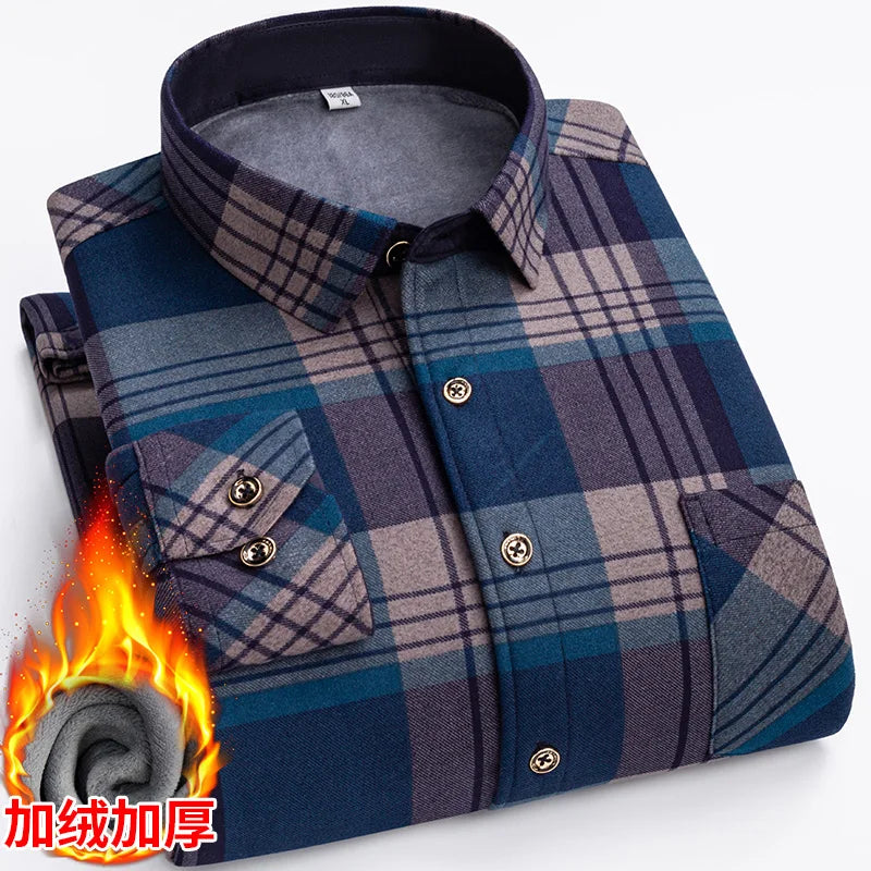 Men's long-sleeved shirt with double-sided fleece thickened warmth, 7XL, 8XL, winter casual and trendy, versatile for the street