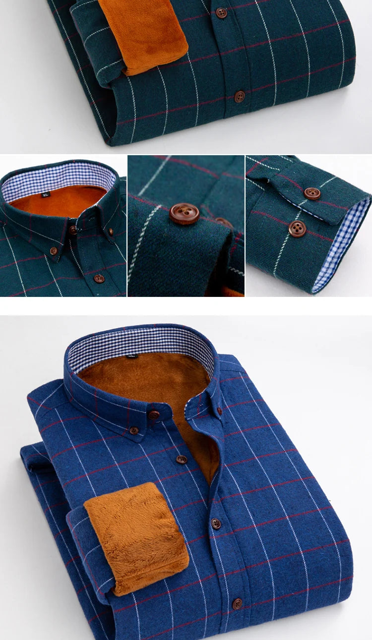 Longsleeve Shirts for Men 2025 Autumn Winter New Warm Plus Velvet Thick Cotton Lapel Casual Plaid Shirts Brand Mens Clothing