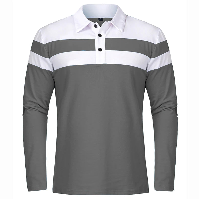 Men's Long Sleeve Shirt Casual Cotton Patchwork Collared Shirt Autumn Striped Pullover Streetwear Golf Button Polo Shirts