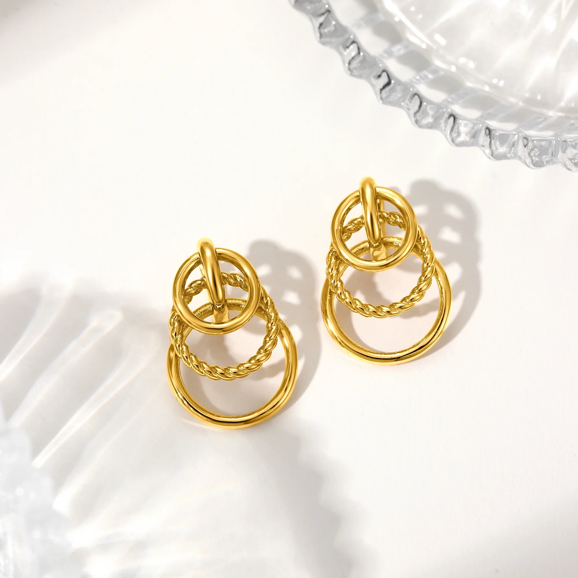 Fashionable Exaggerated Twisted Striped Earrings for Women 18K Metal Three Circular Stainless Steel Charming Jewelry Gift