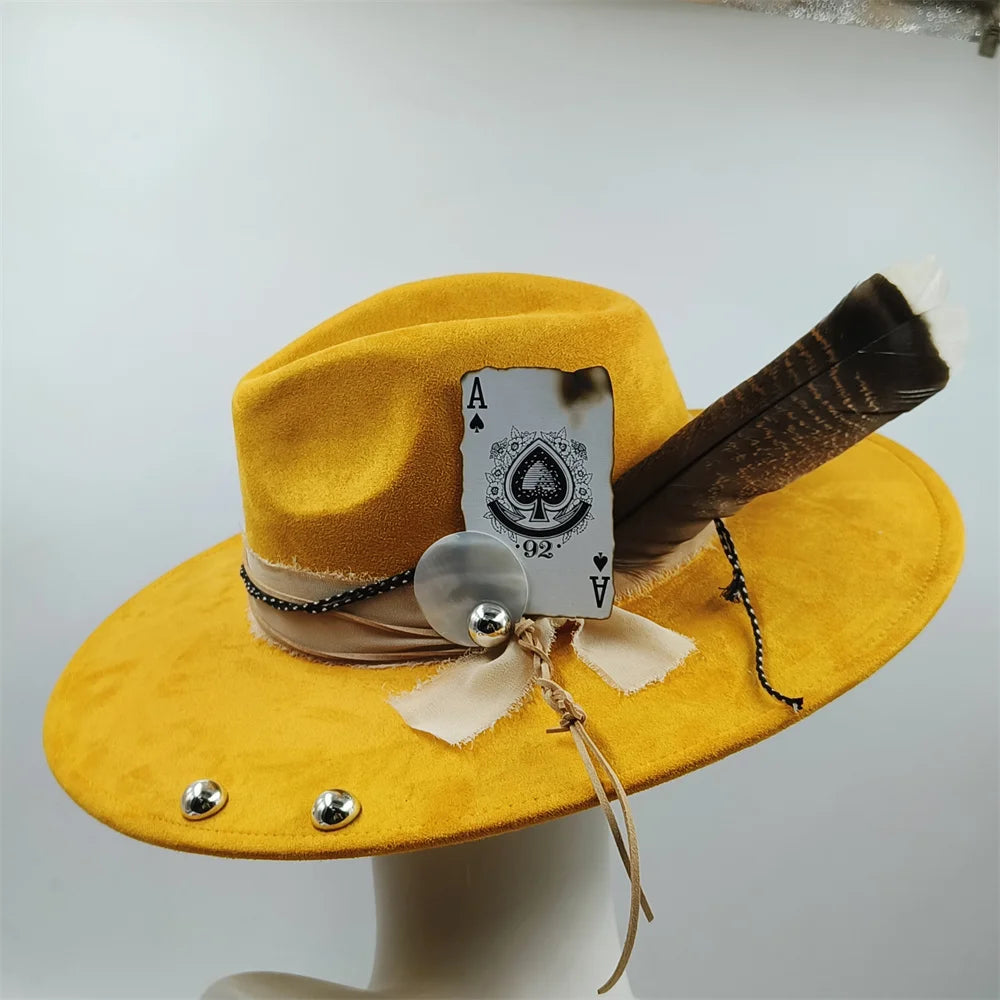 Retro Men's Suede Hats Wide Brim Feather Felt Fedoras Women's Hats Church Jazz Hats Panama Cowboy Hats Wholesale sombrero hombre