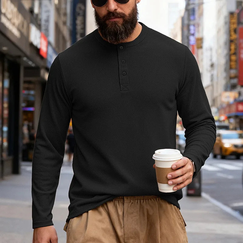 2025 NEW Men's Long Sleeve Henley Shirts Spring Autumn Daily Casual Solid Color Pullover Tops Mens Fashion T Shirt