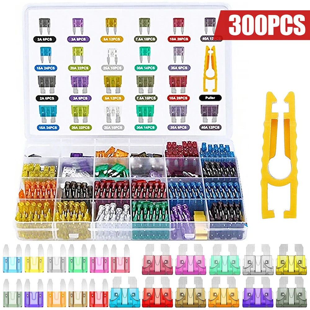 300pcs automotive fuse combination kit, blade type automotive fuse standard and mini size automotive/RV/motorcycle/marine fuses