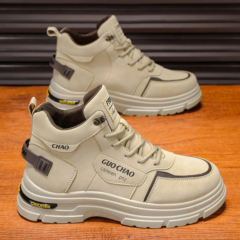 High Top Boots Four Season Outdoor Work Shoes Men's Anti Slip and Comfortable Black Boots Fashion British Casual Leather Boots