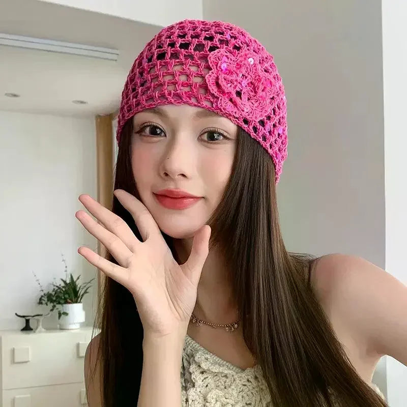 Vintage Chic Sequined Floral Cutout Beanie Ladies Spring Fall Leisure Travel Picturesque All-Around Casual Y2K Knit Beanies