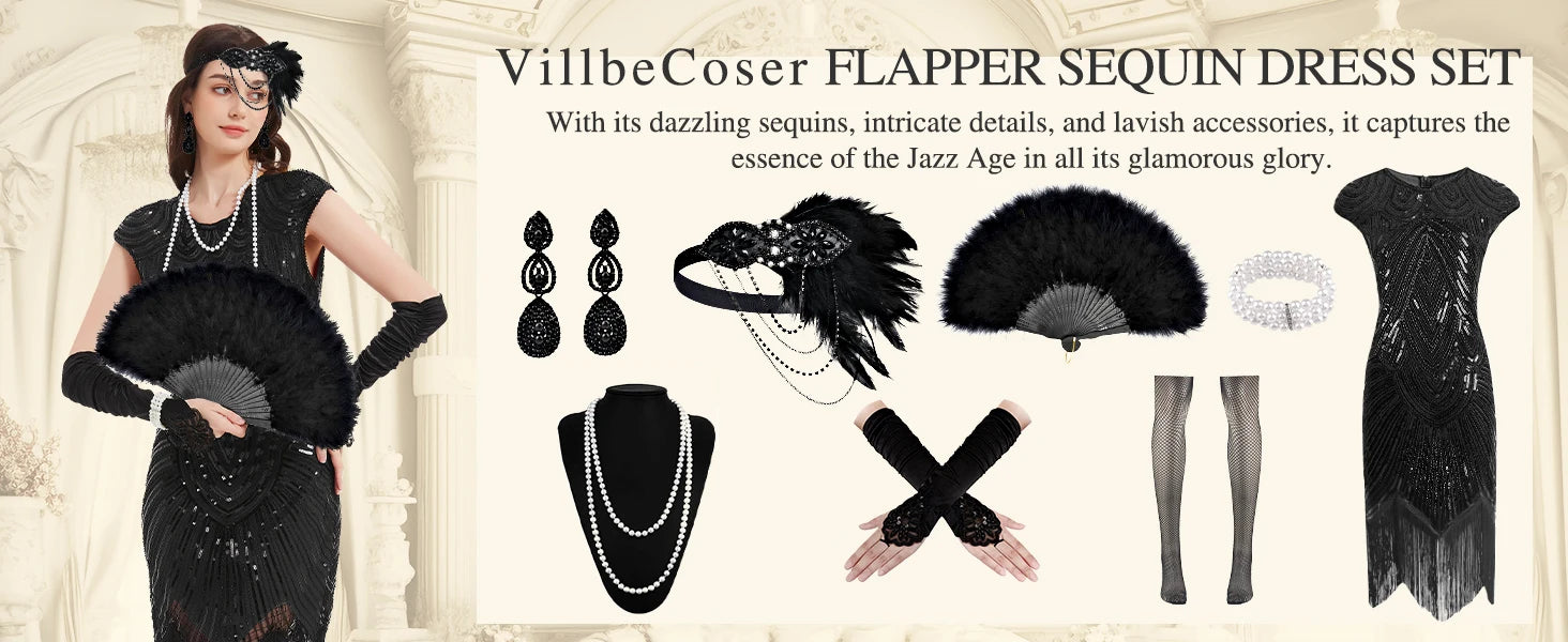 1920s Dresses for Women Flapper Dress Lace Fan Feather Headband Sequins Beads Fringes 20s Accessories Vintage Mafia Costume