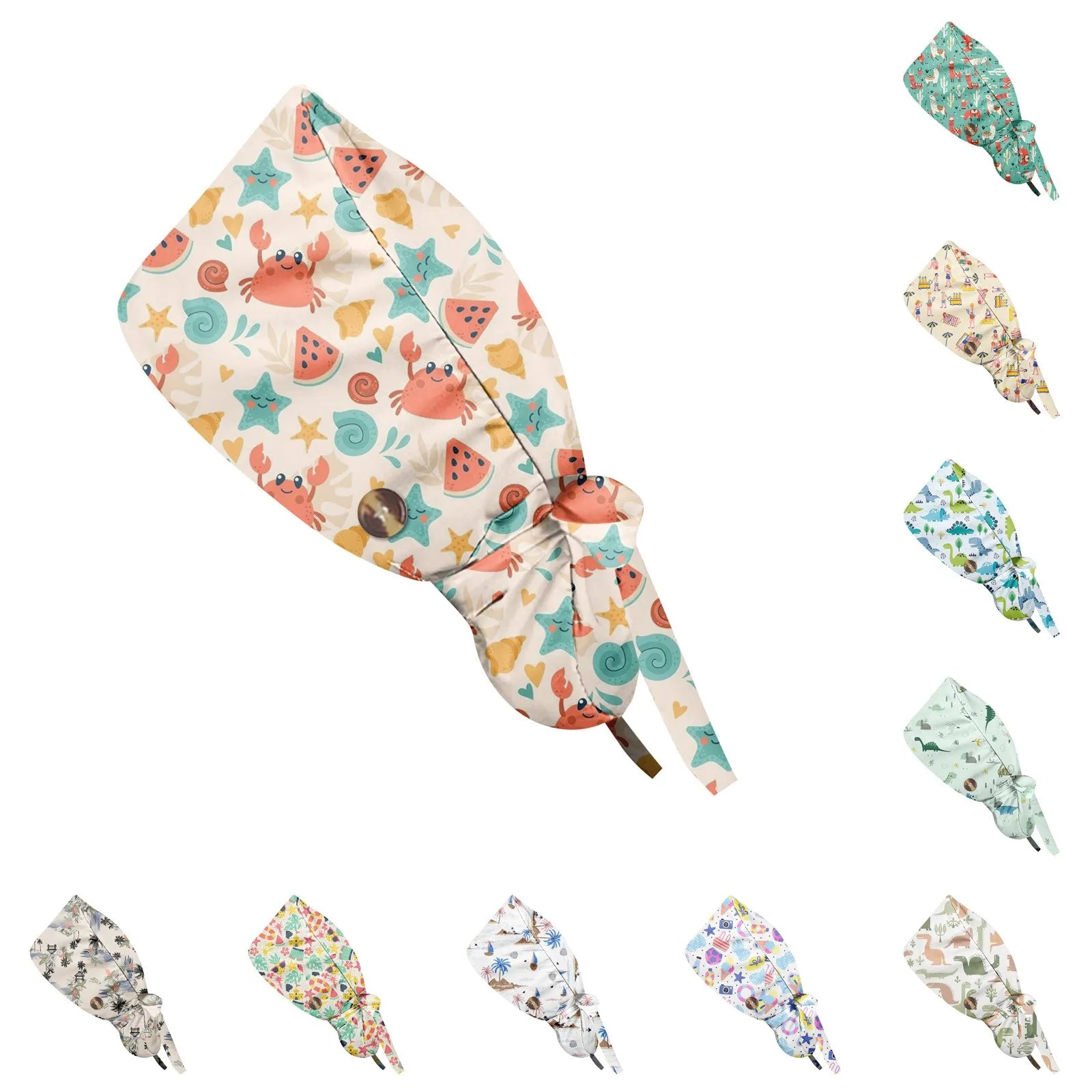 Long Hair Work Hat Fashion Cartoon Print Adjustable Work Cap Beauty Salon Nursing Cap Female Surgical Hat Scrub Caps Acces