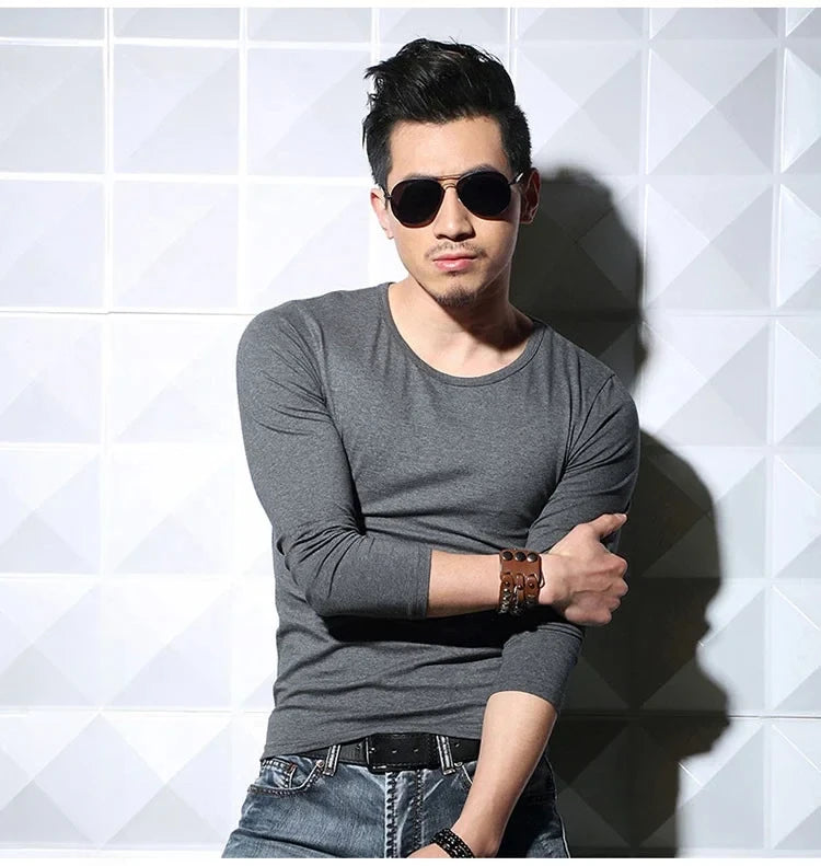 Men's T-Shirts Long Sleeve V Neck T Shirt 2025 MRMT Men Polyester T-Shirt Solid Color Slim Tight Man T Shirt For Male