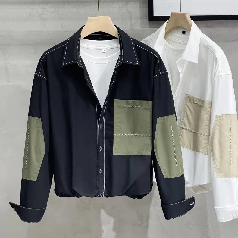 Men's Long Sleeve Shirt Business Casual Loose Patchwork Color Block Unique Design Spring Autumn Tops