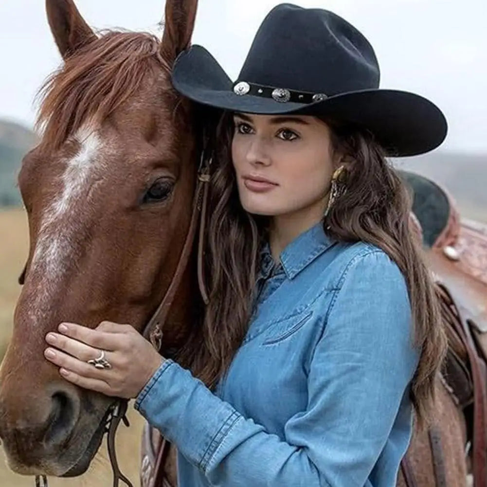 Womens Felt Western Cowboy Hats Studded Pinched Western Cowgirl Hats Wide Brim Retro Fedoras Hat Belt Buckle Vacation Party Hat