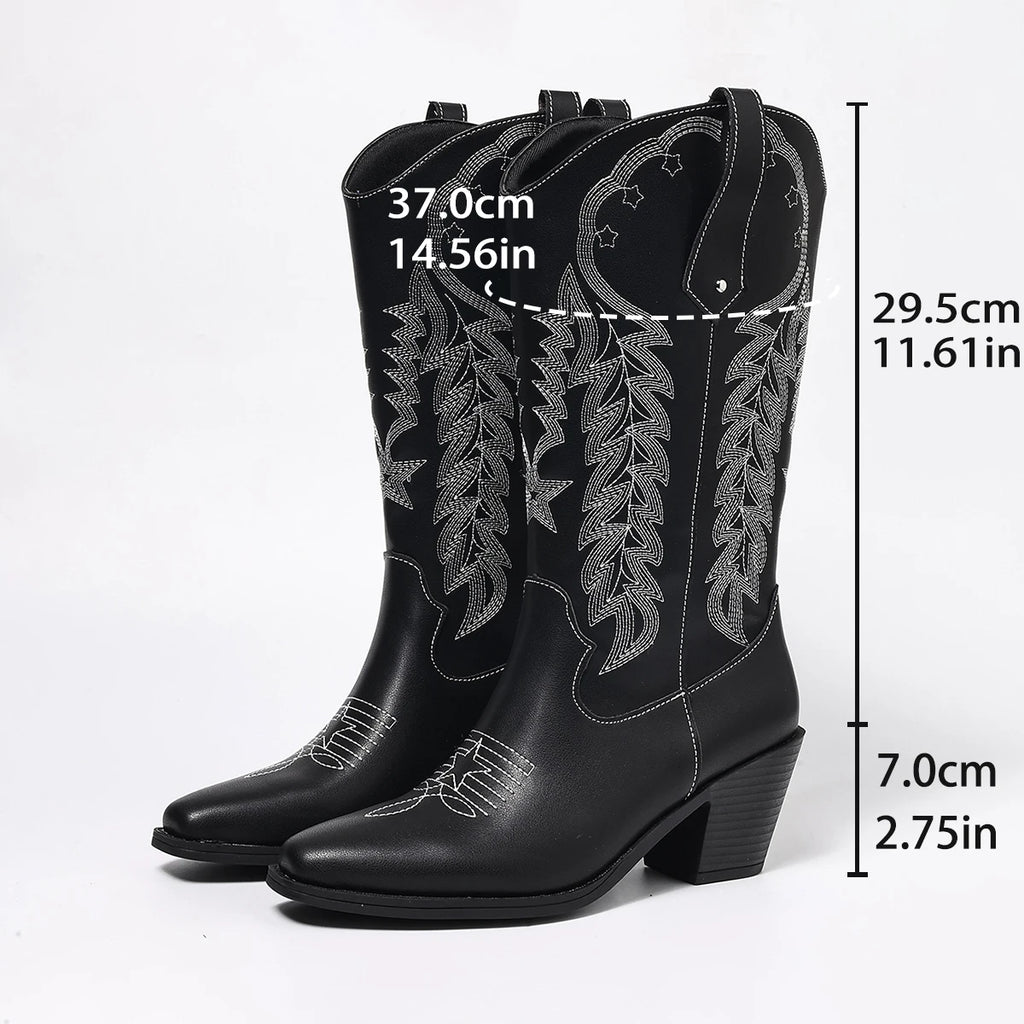 Black Embroidered Western Boots with Chunky Mid-Heel, Square Toe, Bohemian Style, European and American Style, Mid-Calf Boots, Versatile, Elegant, Suitable for Office, Commuting, Daily Wear, Vacation, Fashionable Women's Boot