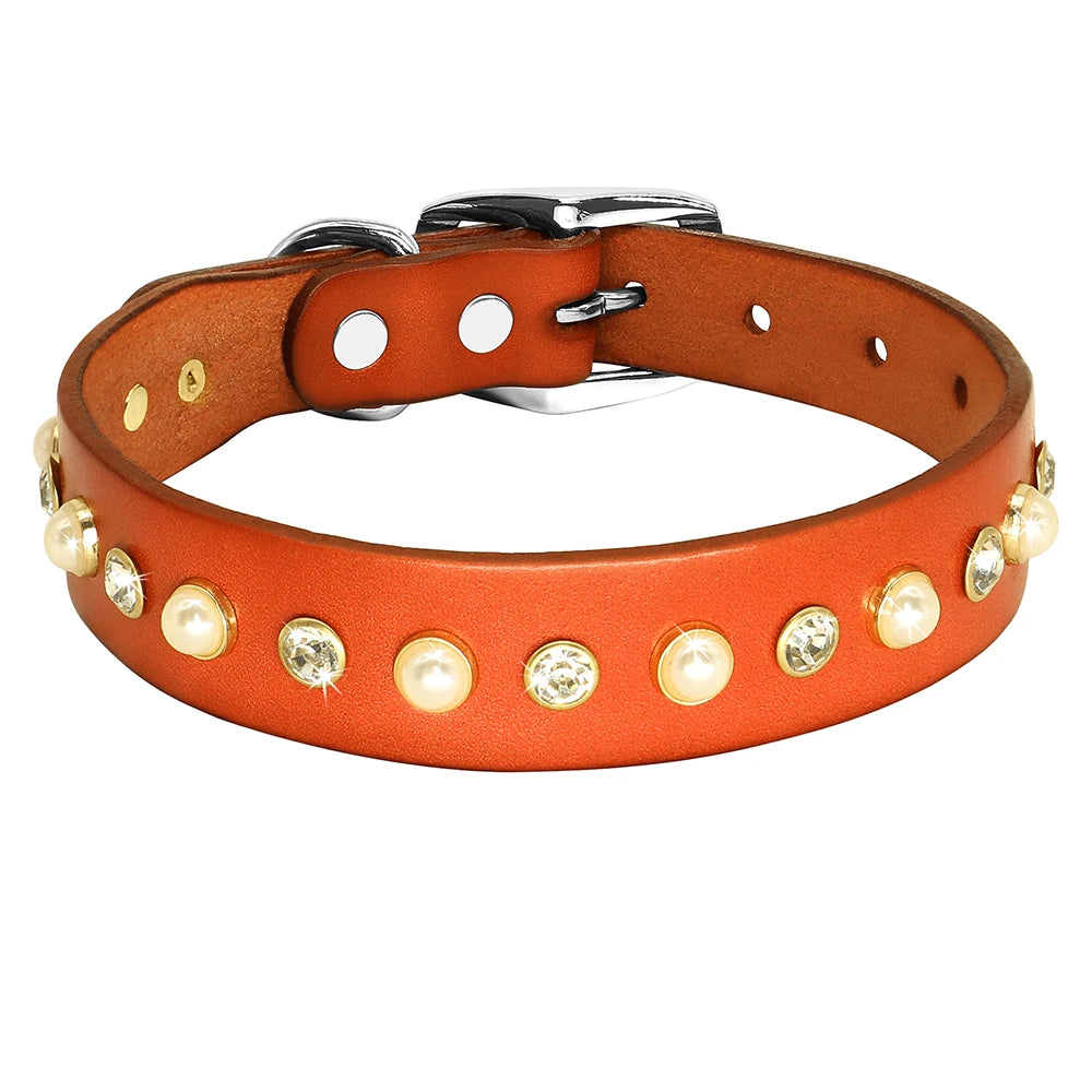 Genuine Leather Small Medium Dog Cat Collar Adjustable Rhinestone Diamond Accessories Pet Puppy Collars Leash Set For Chihuahua