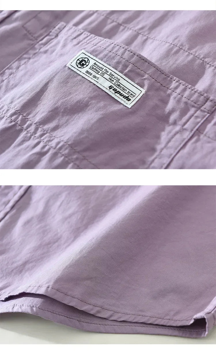 Japanese Fresh Mens Long Sleeve Shirts Spring Summer Daily Casual Man Shirts Lapel Pocket Yellow Shirt Pure Cotton Top Simple