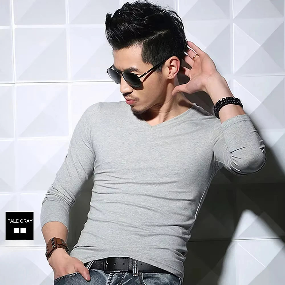 Men's T-Shirts Long Sleeve V Neck T Shirt 2025 MRMT Men Polyester T-Shirt Solid Color Slim Tight Man T Shirt For Male