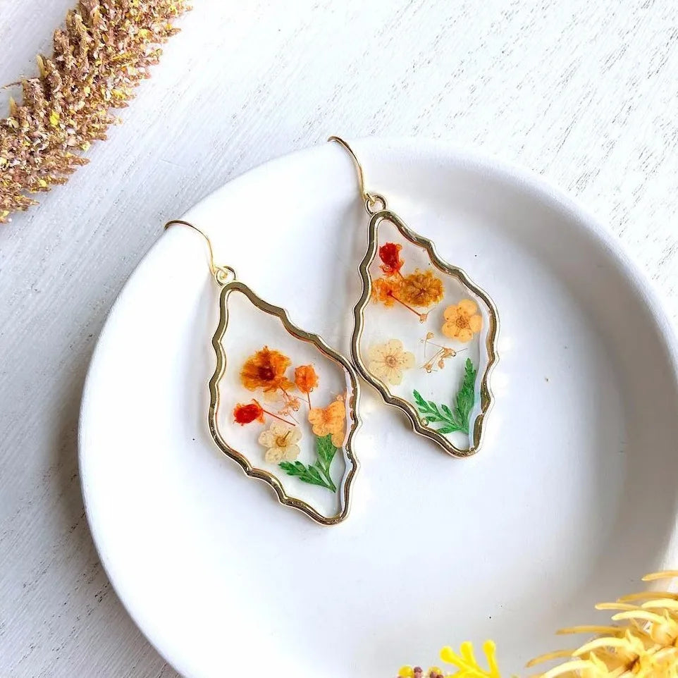 Dried flower earrings, Bohemian jewelry, retro, geometric, plant, resin, leaf, natural, Gift, ear hooks For Women Girls